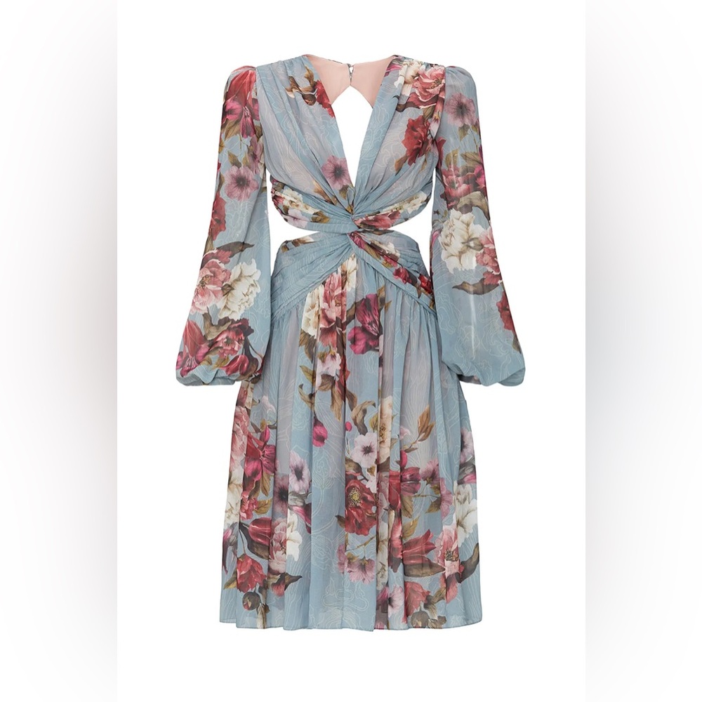 PatBO Floral Twist Cutout Midi Dress in Light Blue and Rose - Picture 2 of 8